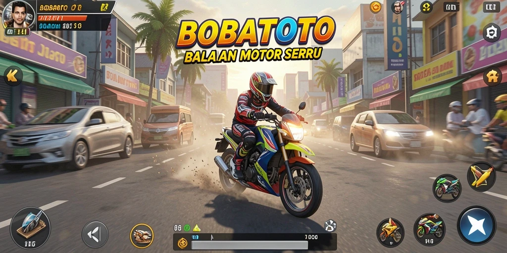Tampilan gameplay BOBATOTO yang menampilkan balapan motor seru dan cepat.