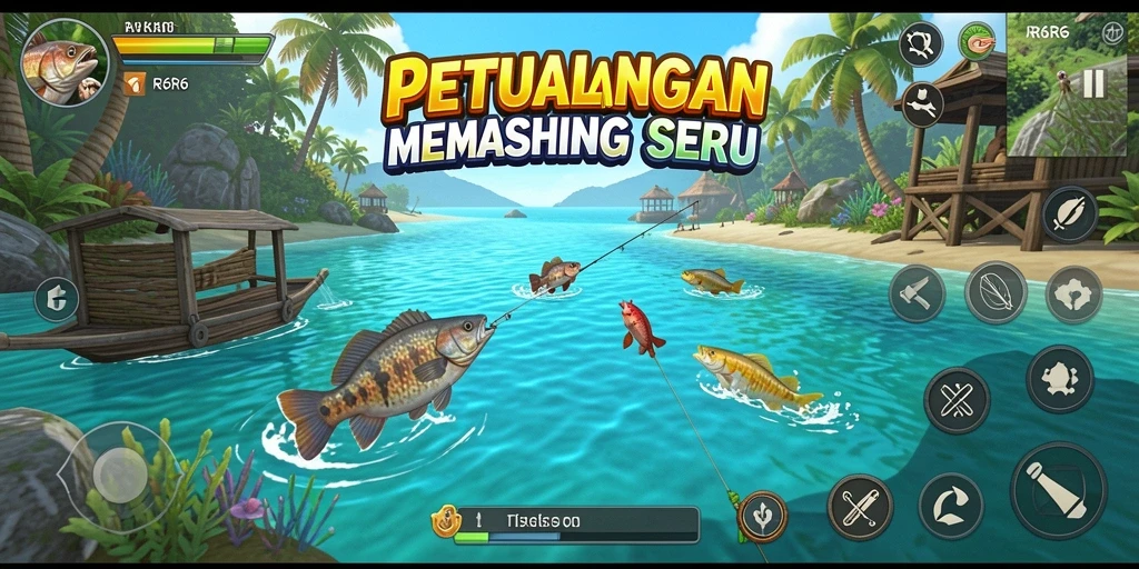 Tampilan gameplay R6R6 saat menangkap ikan di pantai.
