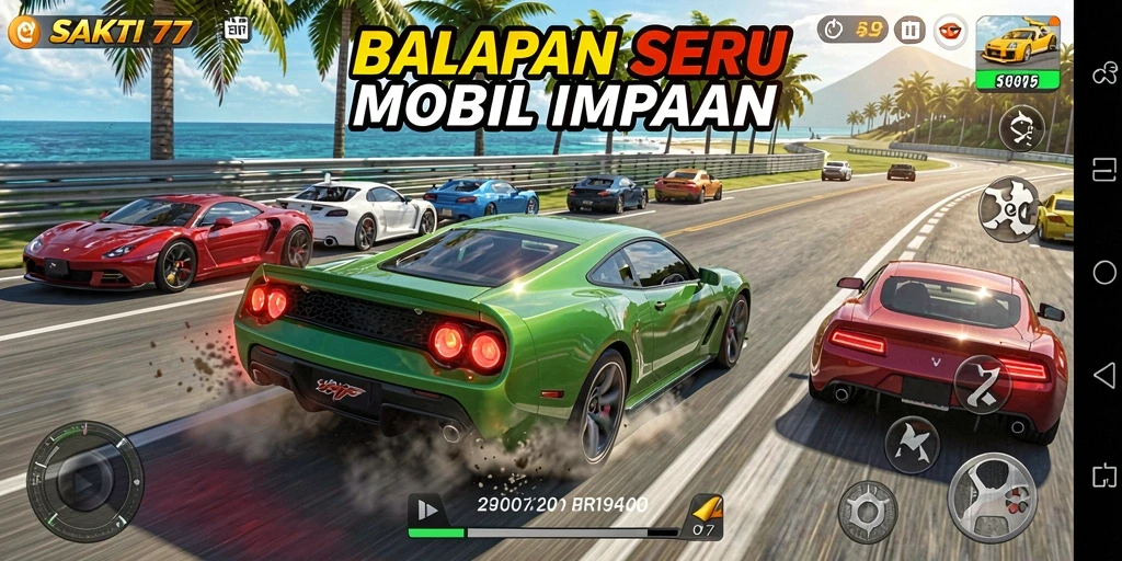 Tampilan balapan di SAKTI77 dengan mobil yang melaju kencang.
